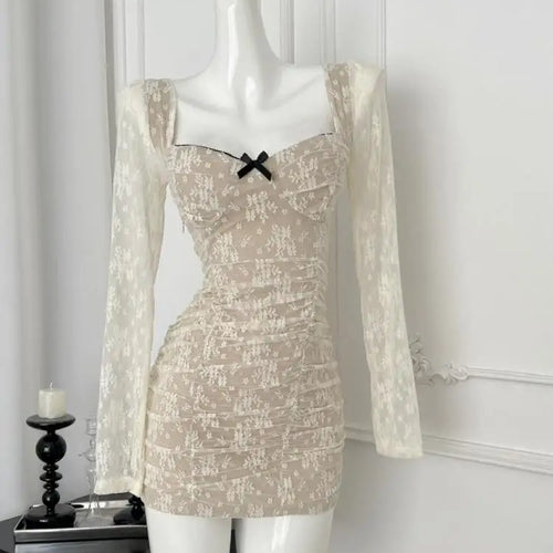 Load image into Gallery viewer, French Vintage Women's Beige Lace Long Sleeved Elegant Short Dress Autumn Winter Square Neck Bow Pleated Wrap Hip Mini Dress New
