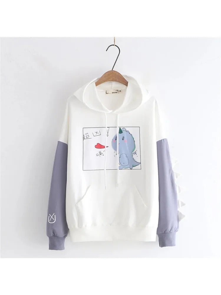 Women Dinosaur Sweatshirt With Horns On Sleeve Cotton Hoodies Sweatshirts Winter Hooded Hawaii Pullovers