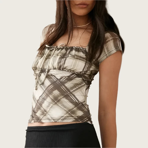 Load image into Gallery viewer, Y2k Vintage Brown Plaid Crop Tops Fashion 2023 Summer Tees Square Neck Short Sleeve T Shirts Cute Girls P33-BC10
