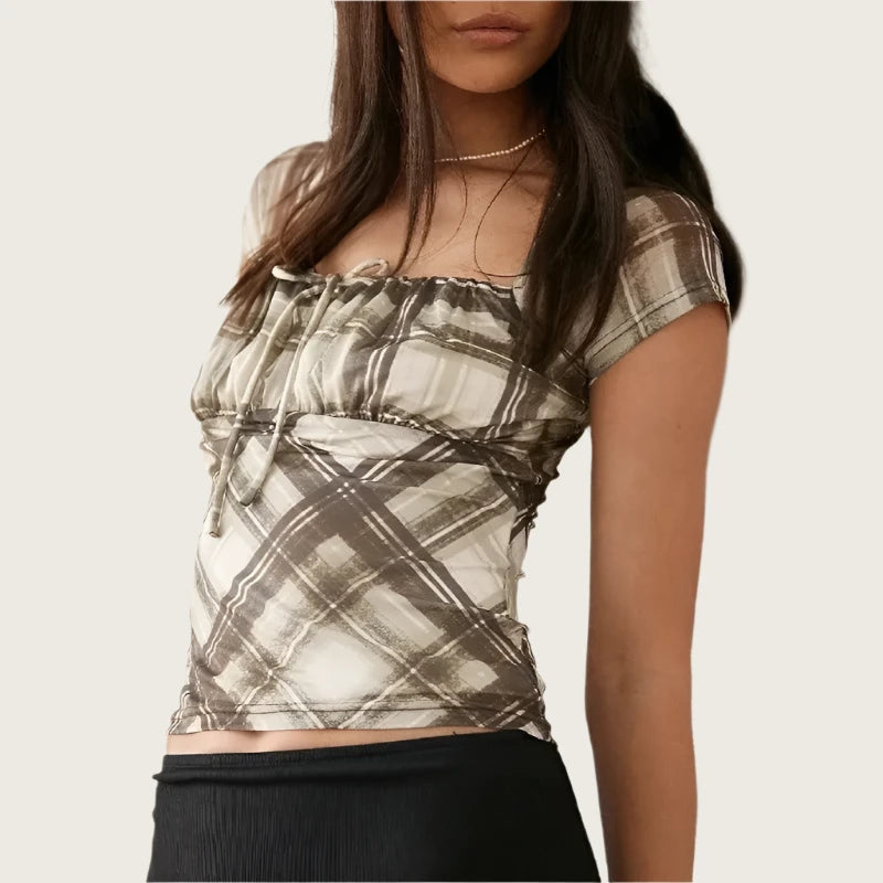 Y2k Vintage Brown Plaid Crop Tops Fashion 2023 Summer Tees Square Neck Short Sleeve T Shirts Cute Girls P33-BC10