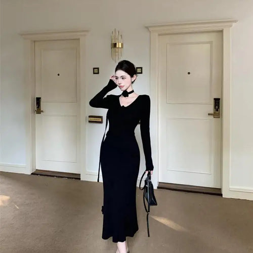 Load image into Gallery viewer, New Solid Flower Decorate V Neck Long Sleeve Knitted Dress Autumn Winter French Fashion Slim Long Sleeves Elegant Wrap Hip Dress
