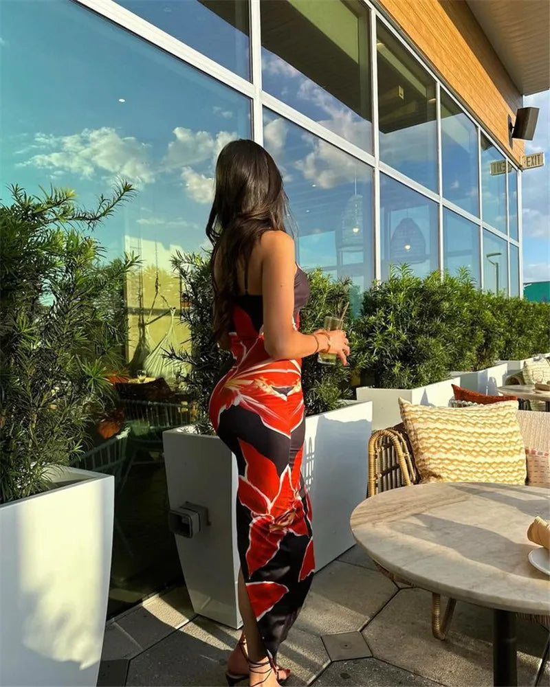 Floreal Print Long Dress For Women Gown Summer New Spaghetti Strap Sleeveless Backless Bodycon Sexy Midi Dress Elegant