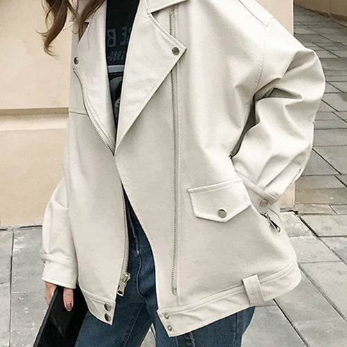 Load image into Gallery viewer, Black Belted Big Size Casual PU Leather Jacket New Lapel Long Sleeve Women Coat Fashion Tide Spring Autumn 2025 LA938
