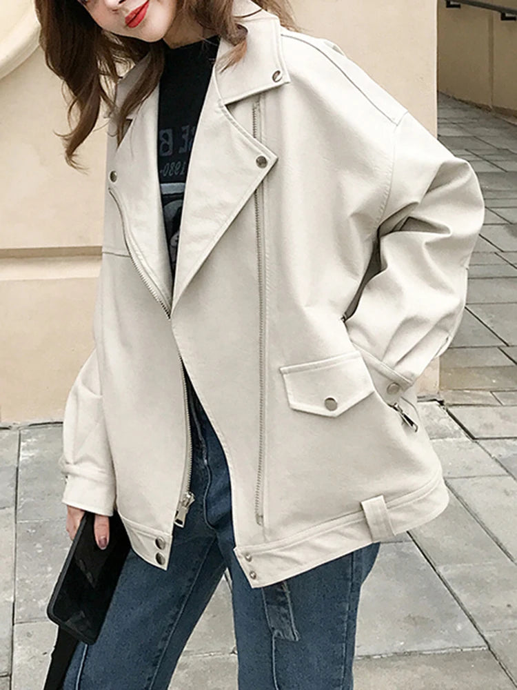 Black Belted Big Size Casual PU Leather Jacket New Lapel Long Sleeve Women Coat Fashion Tide Spring Autumn 2025 LA938