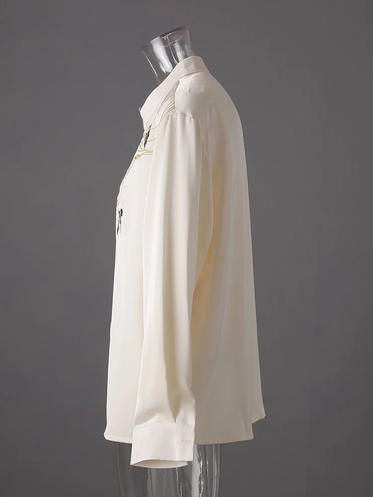 Women Apricot Embroidery Vintage Big Size Blouse New Stand Collar Long Sleeve Shirt Fashion Spring Autumn 2025 CPG3216