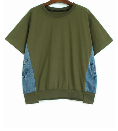 Women Gray Denim Color-block Big Size Casual T-shirt New Round Neck Short Sleeve Fashion Tide Spring Summer 2025 1DJ1584