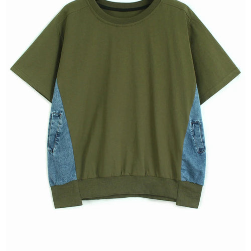 Load image into Gallery viewer, Women Gray Denim Color-block Big Size Casual T-shirt New Round Neck Short Sleeve Fashion Tide Spring Summer 2025 1DJ1584
