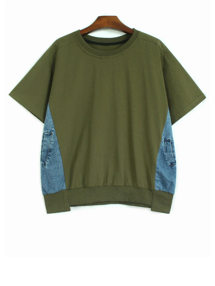 Women Gray Denim Color-block Big Size Casual T-shirt New Round Neck Short Sleeve Fashion Tide Spring Summer 2025 1DJ1584