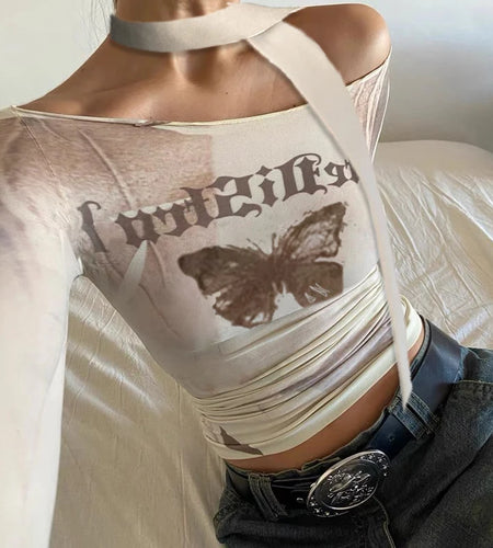 y2k Harajuku Slim Women's T-shirts Off Shoulder Top Butterfly Printed Vintage Clothes Kawaii Baby Tee Shirts With Tie