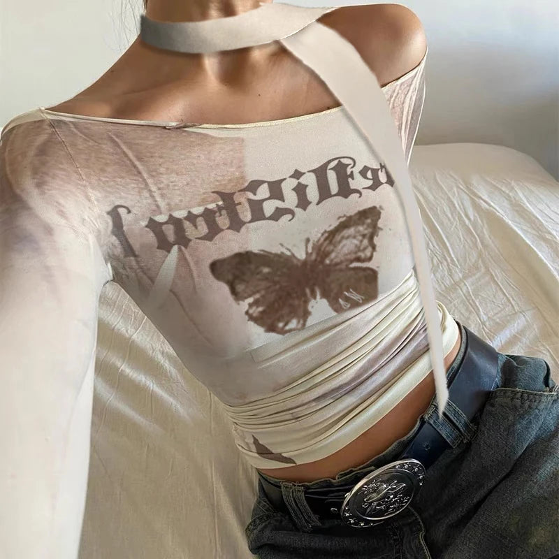 y2k Harajuku Slim Women's T-shirts Off Shoulder Top Butterfly Printed Vintage Clothes Kawaii Baby Tee Shirts With Tie
