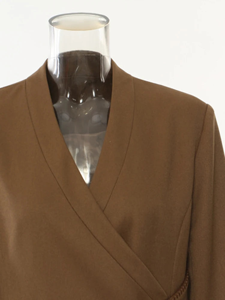 Women Brown Irregular Single Button Long Elegant Blazer New V-neck Long Sleeve Jacket Fashion Spring Autumn 2025 1DH6489