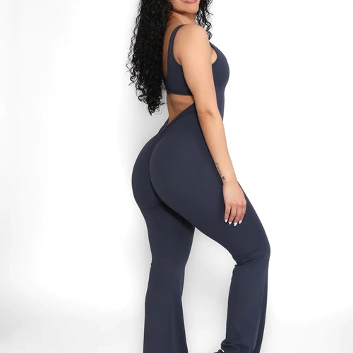 Load image into Gallery viewer, Sleeveless Elastic Slim Fit Jumpsuit Women Open Back Hollow Tight Flare Pants Casual Fitness Jumpsuit Female Rompers
