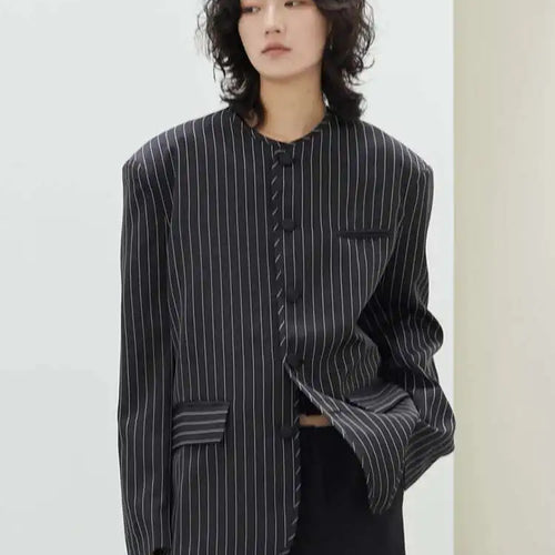 Load image into Gallery viewer, Women Black Striped Big Size Casual Blazer New O-neck Long Sleeve Loose Fit Jacket Fashion Tide Spring Autumn 2025 1DH0147
