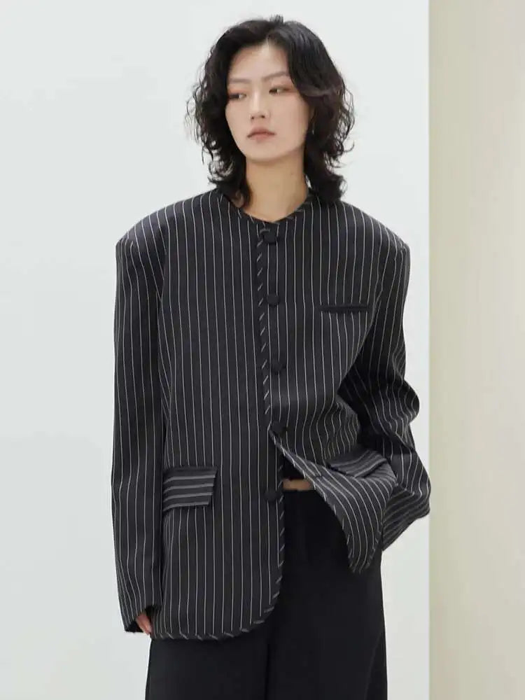 Women Black Striped Big Size Casual Blazer New O-neck Long Sleeve Loose Fit Jacket Fashion Tide Spring Autumn 2025 1DH0147