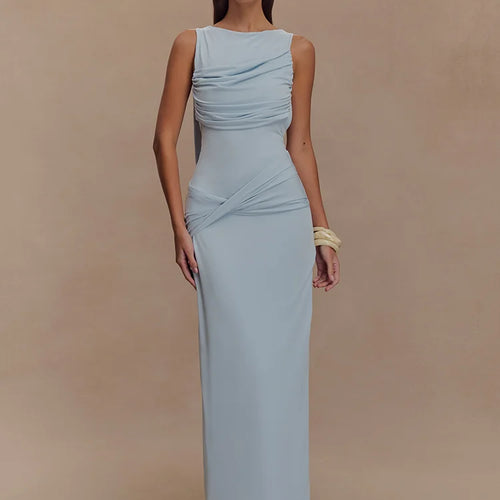 Load image into Gallery viewer, Backless Ruched Sexy Maxi Tank Dress Women Gown Summer New O Neck Thigh High Split Bodycon Elegant Long Dress Fashion
