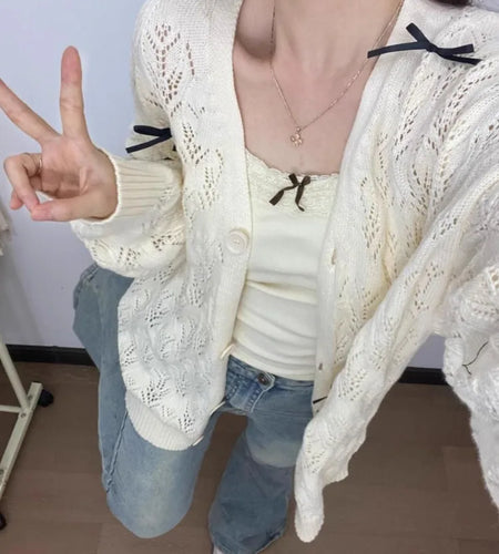 Autumn Grunge Sweet Bow Knitted Cardigans Y2k Aesthetic Hollow Out Oversized Coats Single Breasted Women Kawaii Sweaters Tops