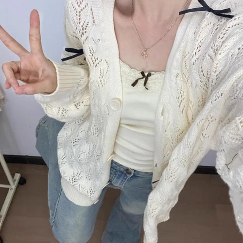 Load image into Gallery viewer, Autumn Grunge Sweet Bow Knitted Cardigans Y2k Aesthetic Hollow Out Oversized Coats Single Breasted Women Kawaii Sweaters Tops
