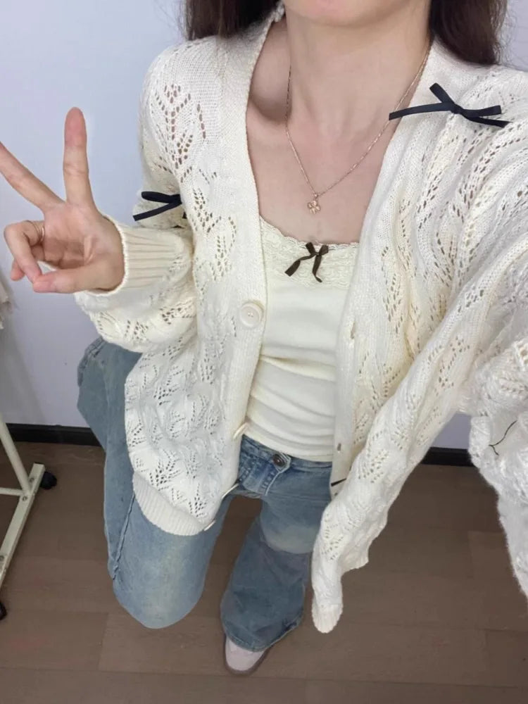 Autumn Grunge Sweet Bow Knitted Cardigans Y2k Aesthetic Hollow Out Oversized Coats Single Breasted Women Kawaii Sweaters Tops