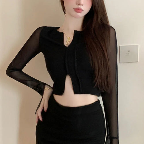 Load image into Gallery viewer, y2k Aesthetic Tops for Women Sexy Sheer See Through V Neck Long Sleeve Slit Hem Mesh T Shirt 2000s Clothing Streetwear
