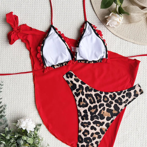 Load image into Gallery viewer, Sexy Leopard Flounced Halter Three Pieces Swimsuit with Skirt 2025 Brazilian Swimwear Women Biquini Beachwear
