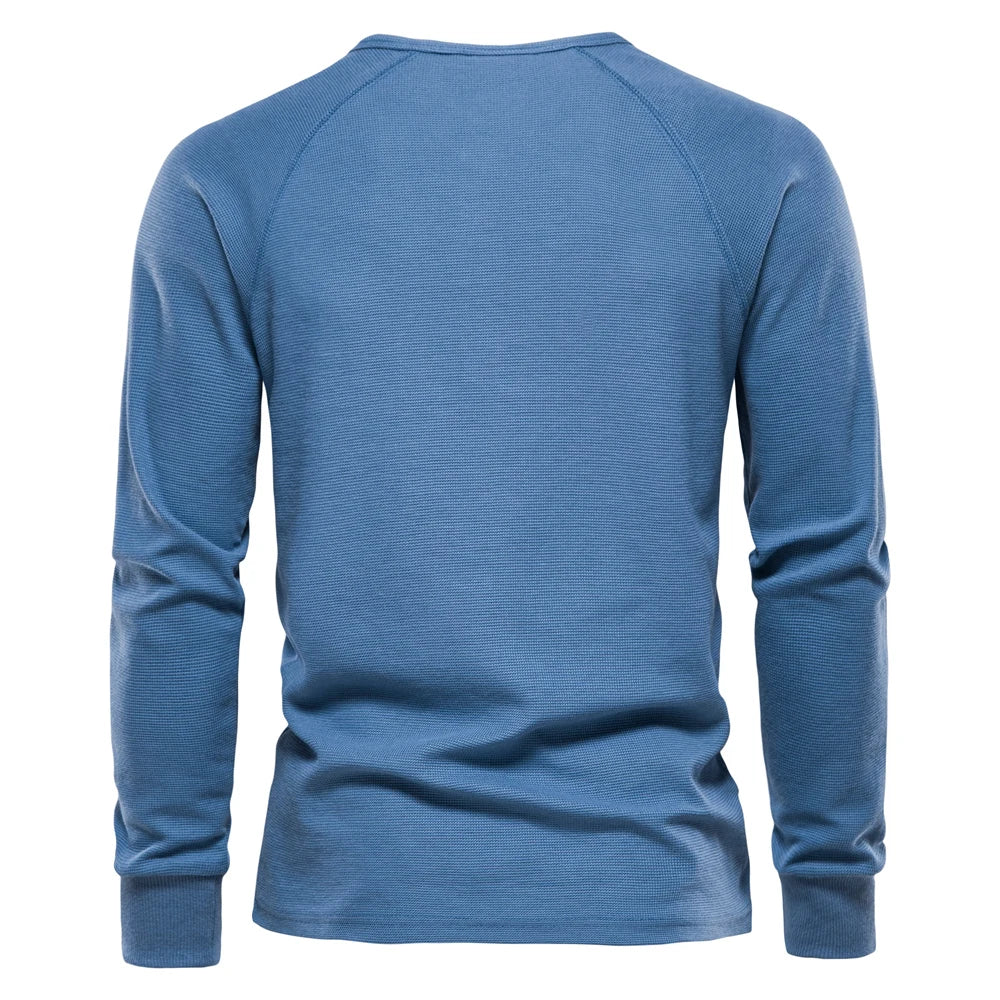 Waffle Henley T-Shirt Men Long Sleeve Basic Breathable Men's Tops Tee Shirts New Autumn Solid Color T Shirt For Men