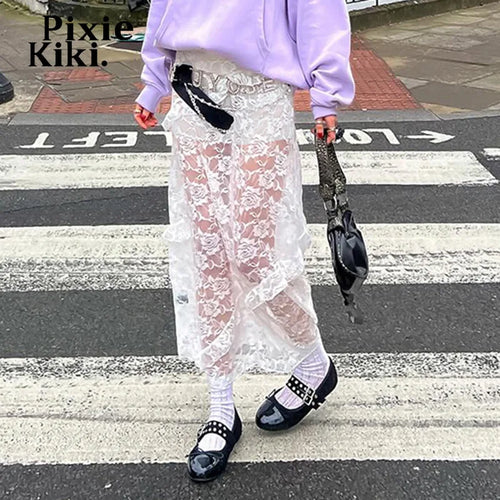 Load image into Gallery viewer, Transparent Jacquard Lace White Boho Maxi Skirt Low Waist Ruffle Long Skirt Summer Y2k Coquette Clothes P77-CI20
