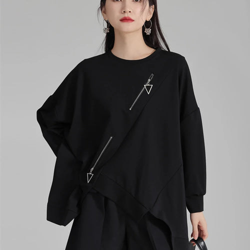 Load image into Gallery viewer, Black Irregular Hem Zipper Sweatshirt New Round Neck Long Sleeve Women Big Size Fashion Tide Spring Autumn 2025 1DH4308
