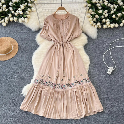 Load image into Gallery viewer, Retro 2024 Summer New Women's Round Neck Embroidered Lace Patchwork Lace Up Long Dresses Fashion Short Sleeves Button Dress Boho

