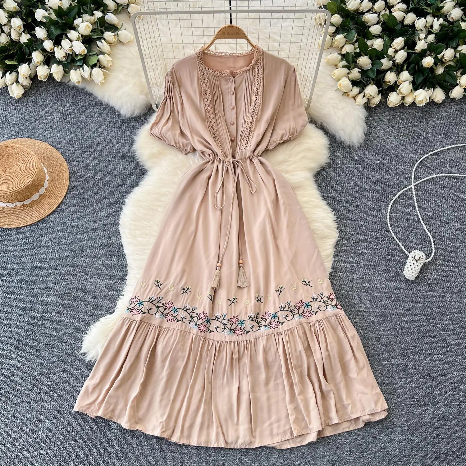 Retro 2024 Summer New Women's Round Neck Embroidered Lace Patchwork Lace Up Long Dresses Fashion Short Sleeves Button Dress Boho