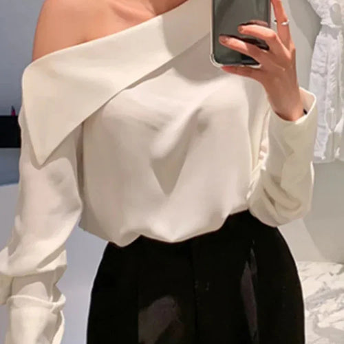 Load image into Gallery viewer, Elegant Women Sexy Korean One Black Top Spring Summer Leisure Versatile Women&#39;s Off The Shoulder Long Sleeved White Blouses
