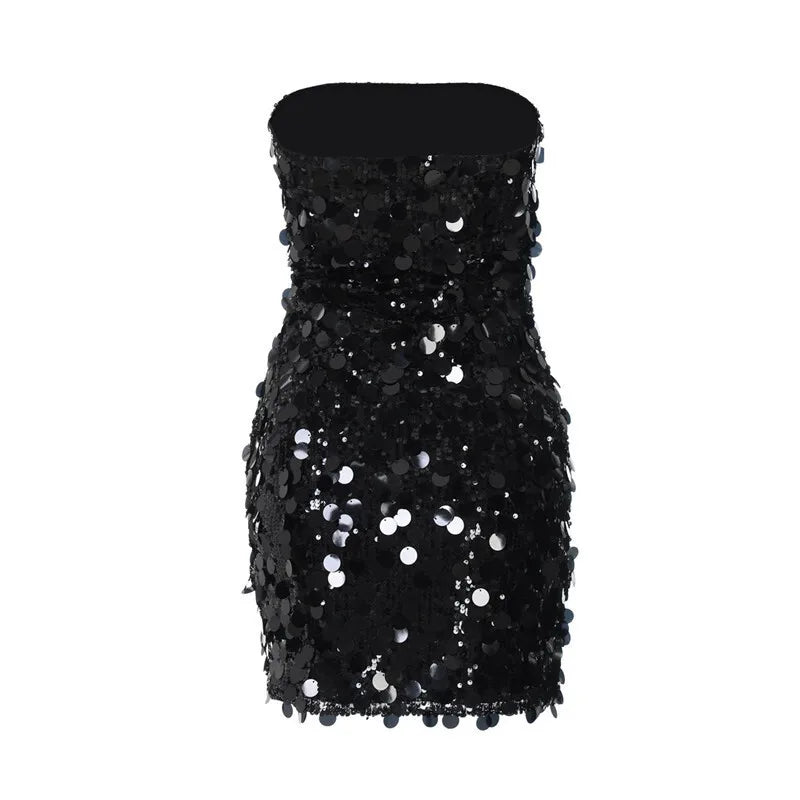Sequins Strapless Backless Sexy Mini Dress For Women Robe Fashion Off-shoulder Sleeveless Sparkle Shiny Club Dress