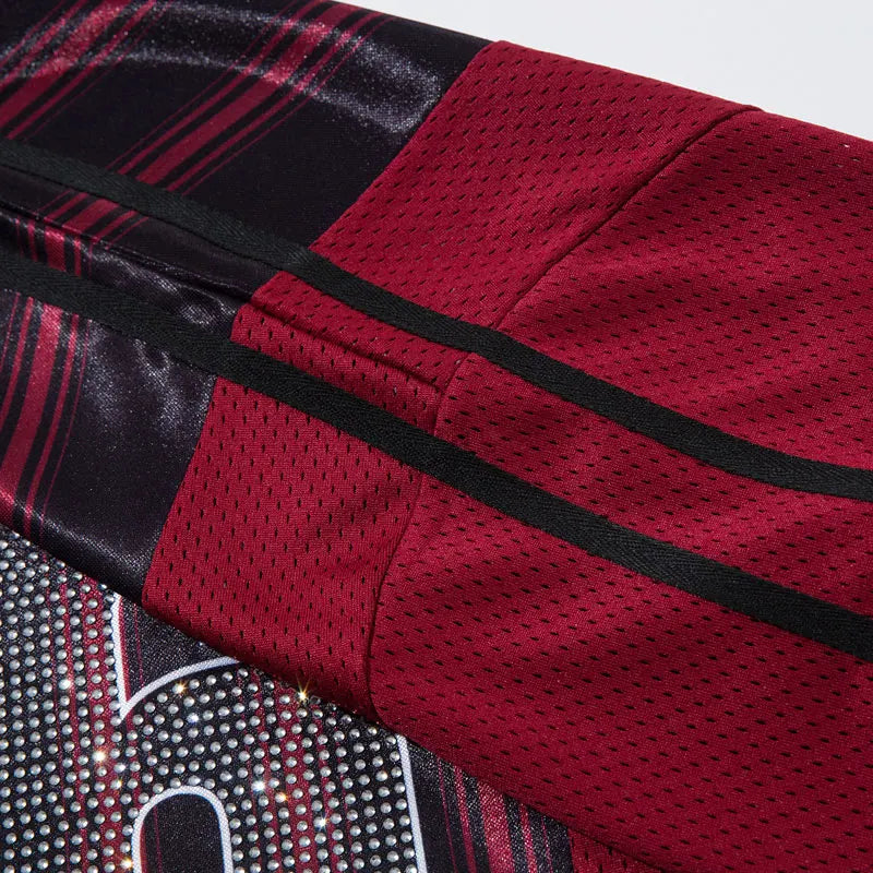 Vintage Mesh Jersey T-Shirt with Rhinestones Graphic Printed Stripe Patchwork Sport Tshirt Streetwear Hip Hop Quick Drying Top