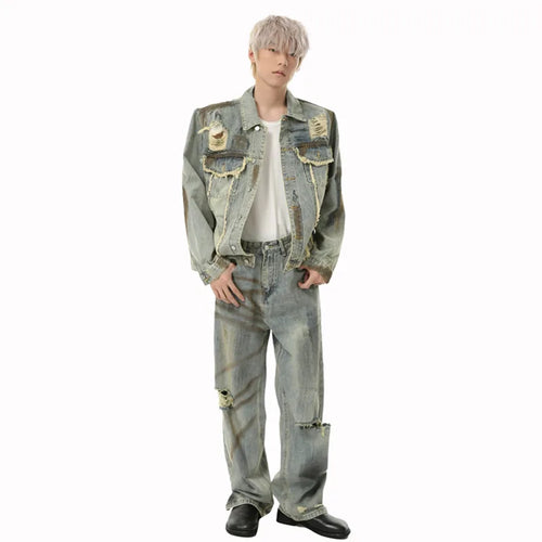 Load image into Gallery viewer, Niche Design Men&#39;s Two-piece Lapel Holes Contrast Color Single Breasted Denim Jackets Casual Straight Leg Male Jeans 9W1837
