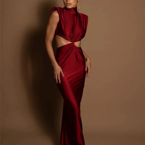 Load image into Gallery viewer, Hollow Out Turtleneck Sexy Maxi Dress For Women Fashion Solid Sleeveless Bodycon Tank Dresses Femme Club Party Dress
