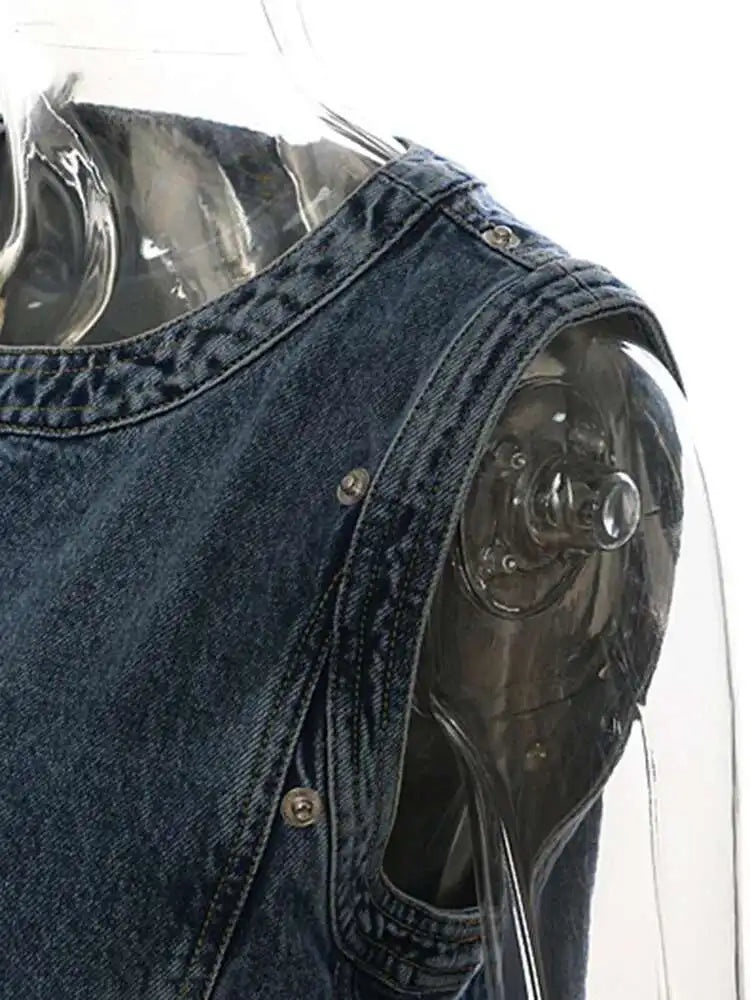 Women Blue Denim Button Many Ways Wear Dress New Round Neck Long Sleeve Loose Fit Fashion Tide Spring Autumn 2025 17A8518