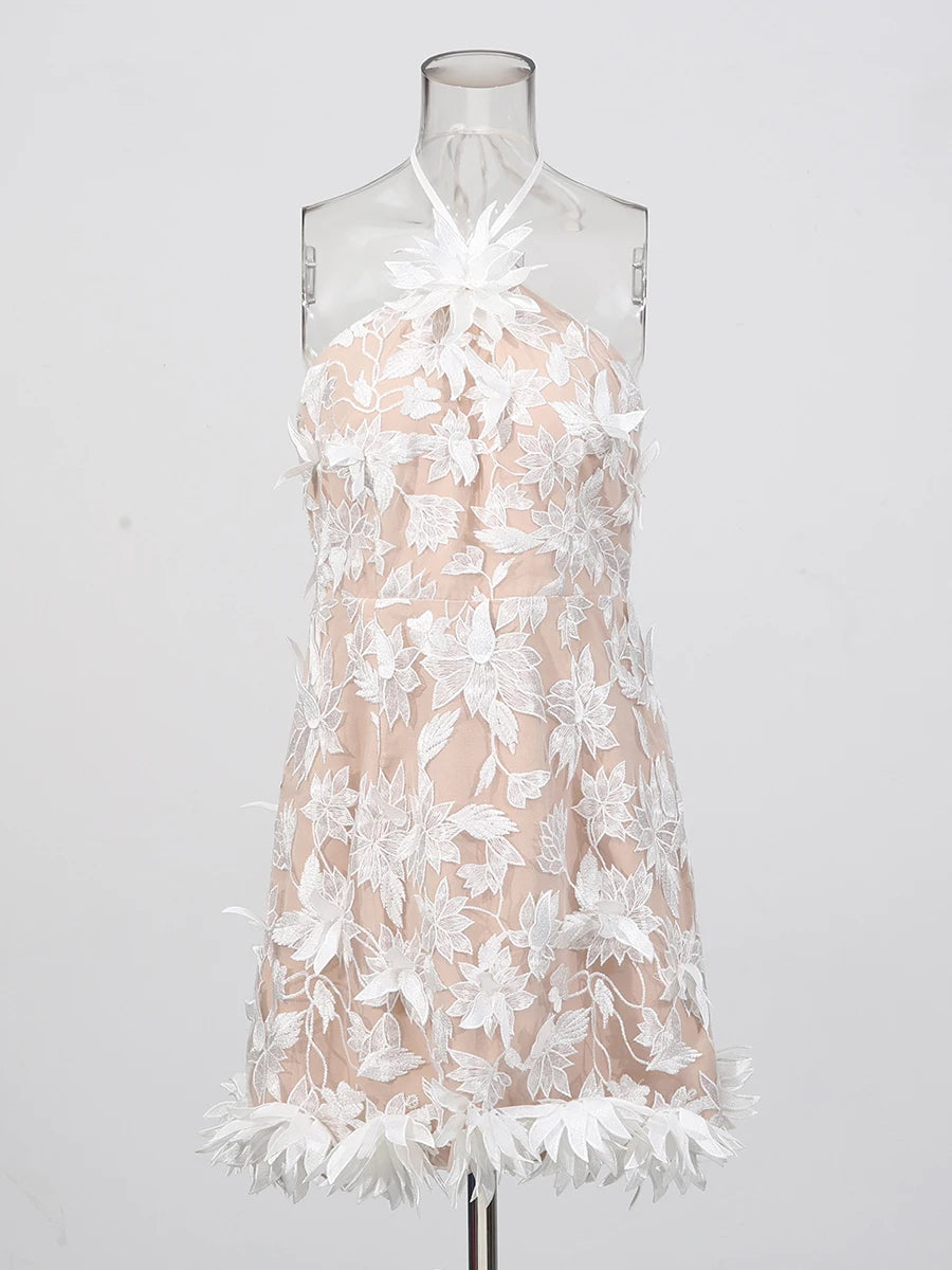 Slimming Spliced 3D Flower Mini Dresses for Women Halter Sleeveless High Waist Temperament Dress Female Fashion New