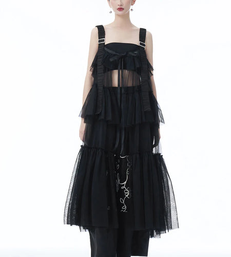 Women Black Mesh Perspective Big Size Strap Dress New Square Collar Sleeveless Fashion Tide Spring Summer 2025 1DJ1242