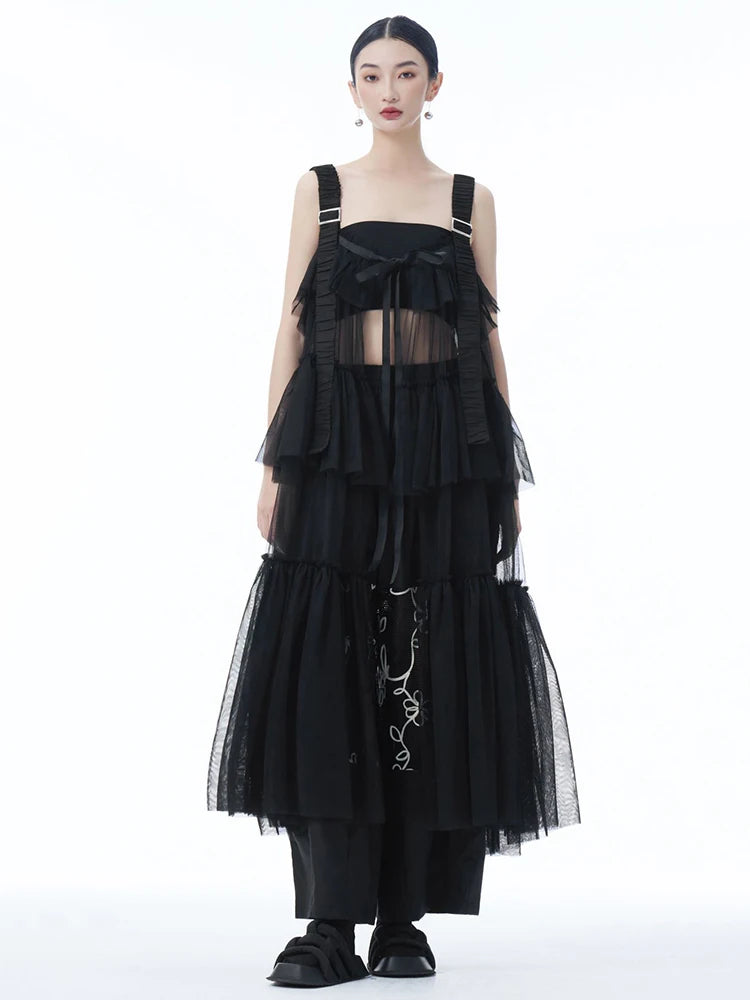 Women Black Mesh Perspective Big Size Strap Dress New Square Collar Sleeveless Fashion Tide Spring Summer 2025 1DJ1242