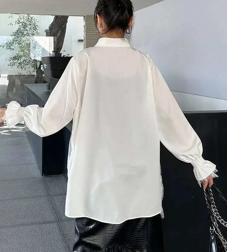 Women White Lace Perspective Big Size Long Blouse New Lapel Long Sleeve Shirt Fashion Tide Spring Autumn 2025 1DH9131
