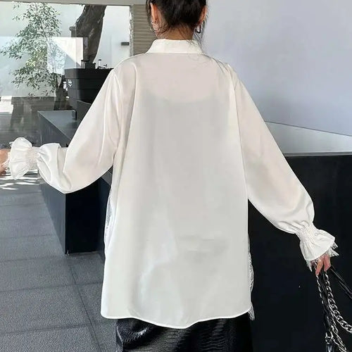 Load image into Gallery viewer, Women White Lace Perspective Big Size Long Blouse New Lapel Long Sleeve Shirt Fashion Tide Spring Autumn 2025 1DH9131
