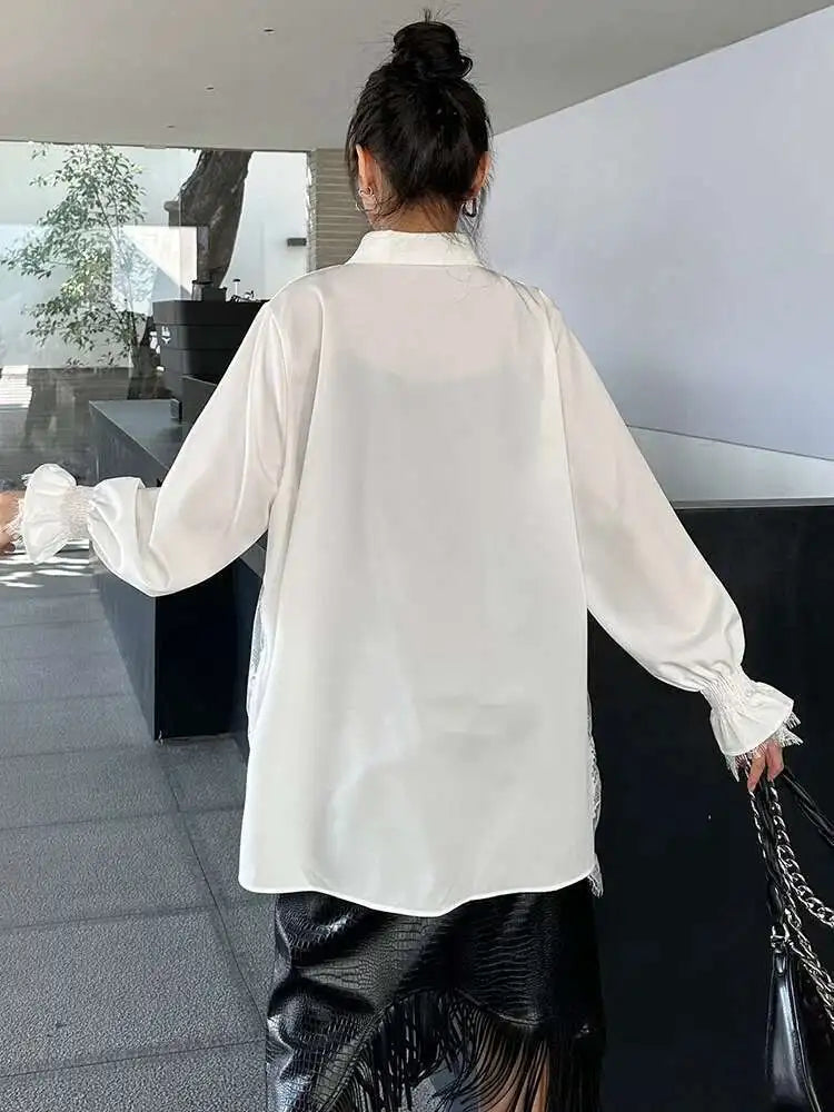 Women White Lace Perspective Big Size Long Blouse New Lapel Long Sleeve Shirt Fashion Tide Spring Autumn 2025 1DH9131