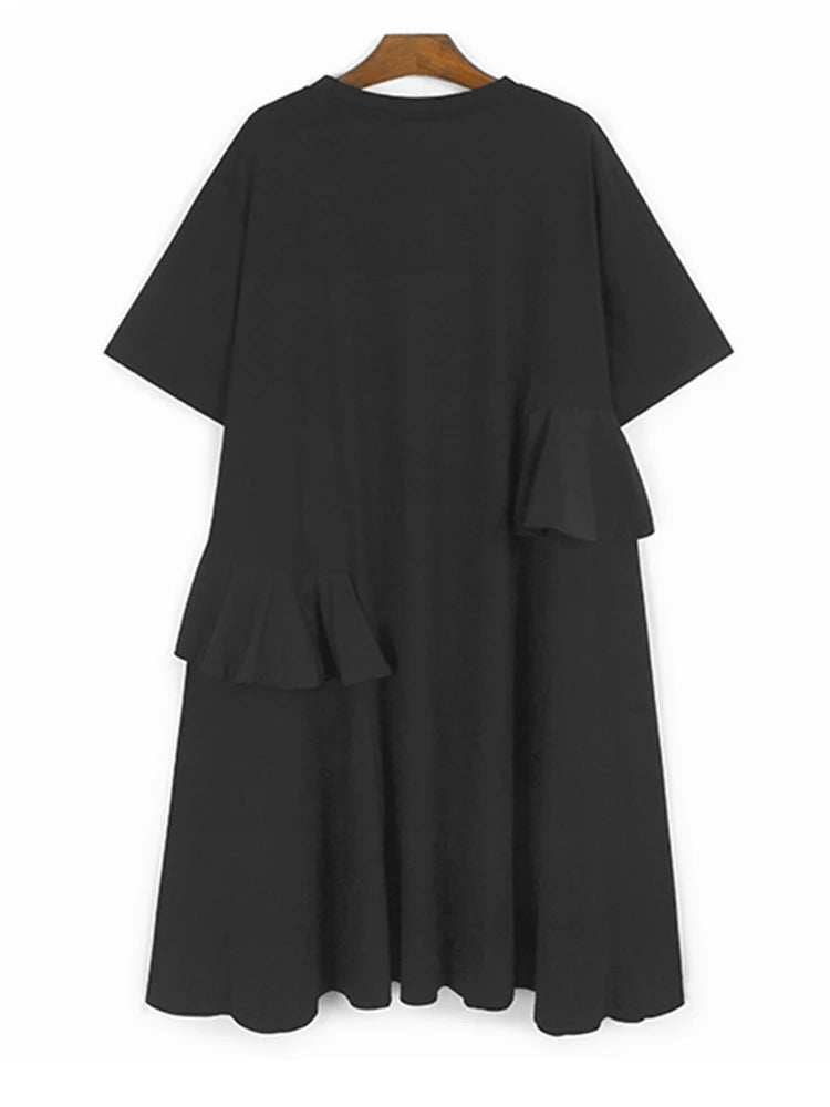 Women Khaki Ruffles Spliced Big Size Midi Dress New Round Neck Short Sleeve Fashion Tide Spring Summer 2025 1DJ1197