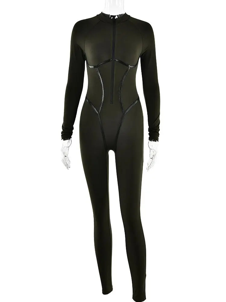 Sexy Zipper Women Jumpsuit Long Sleeve Bandage Tights Solid Jumpsuits Female Party Bodycon Stretch Sporty & Leisure