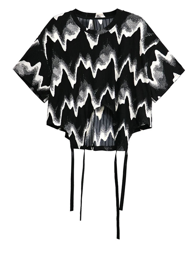 Women Black Striped String Big Size Short T-shirt New Round Neck Short Sleeve Fashion Tide Spring Summer 2025 1DJ0168