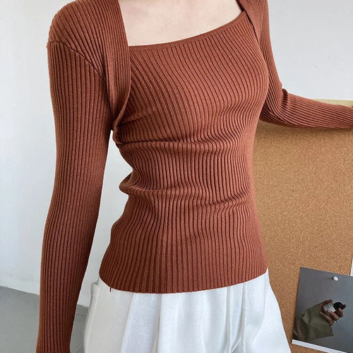 Load image into Gallery viewer, Solid Patchwork Folds Knitted Sweater For Women Square Collar Long Sleeve Slim Minimalist Sweater Female Fashion
