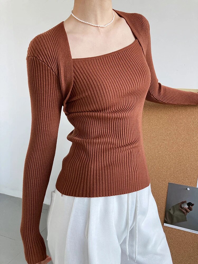 Solid Patchwork Folds Knitted Sweater For Women Square Collar Long Sleeve Slim Minimalist Sweater Female Fashion