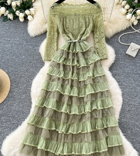 French Retro 2025 Spring New Green Patchwork Lace Elegant Party Long Sleeves Dress Women Off Shoulder Ruffles Pleated Cake Dress