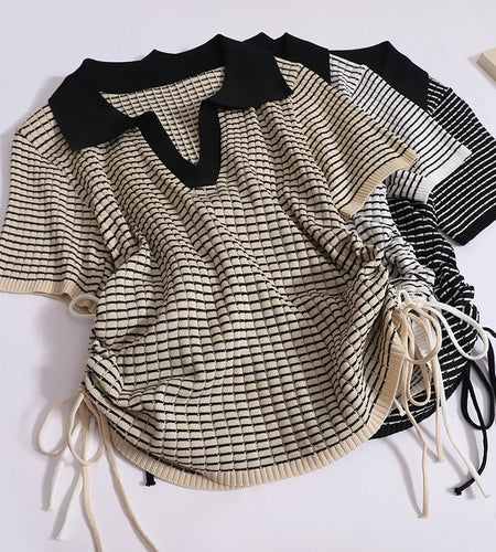 Summer New Colorblock Stripes Drawstring Lace-up T-shirt Korean Short-sleeved Lapel Patchwork Knitted Pullover Tops Women's Chic