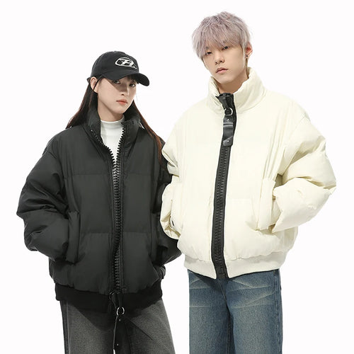 Load image into Gallery viewer, Korean Style Men&#39;s Padded Jackets Stand Collar Big Zipper PU Leather Solid Color Thickened Loose Male Cotton Coats 9C9345
