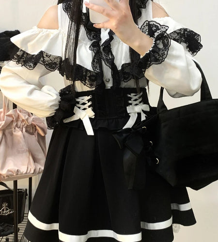 Japanese Kawaii Lace Patchwork Shirt Women Y2k Aesthetic Hollow Out Blouse Harajuku Bow Ladies Tops 2025 Lolita Blusas Femme